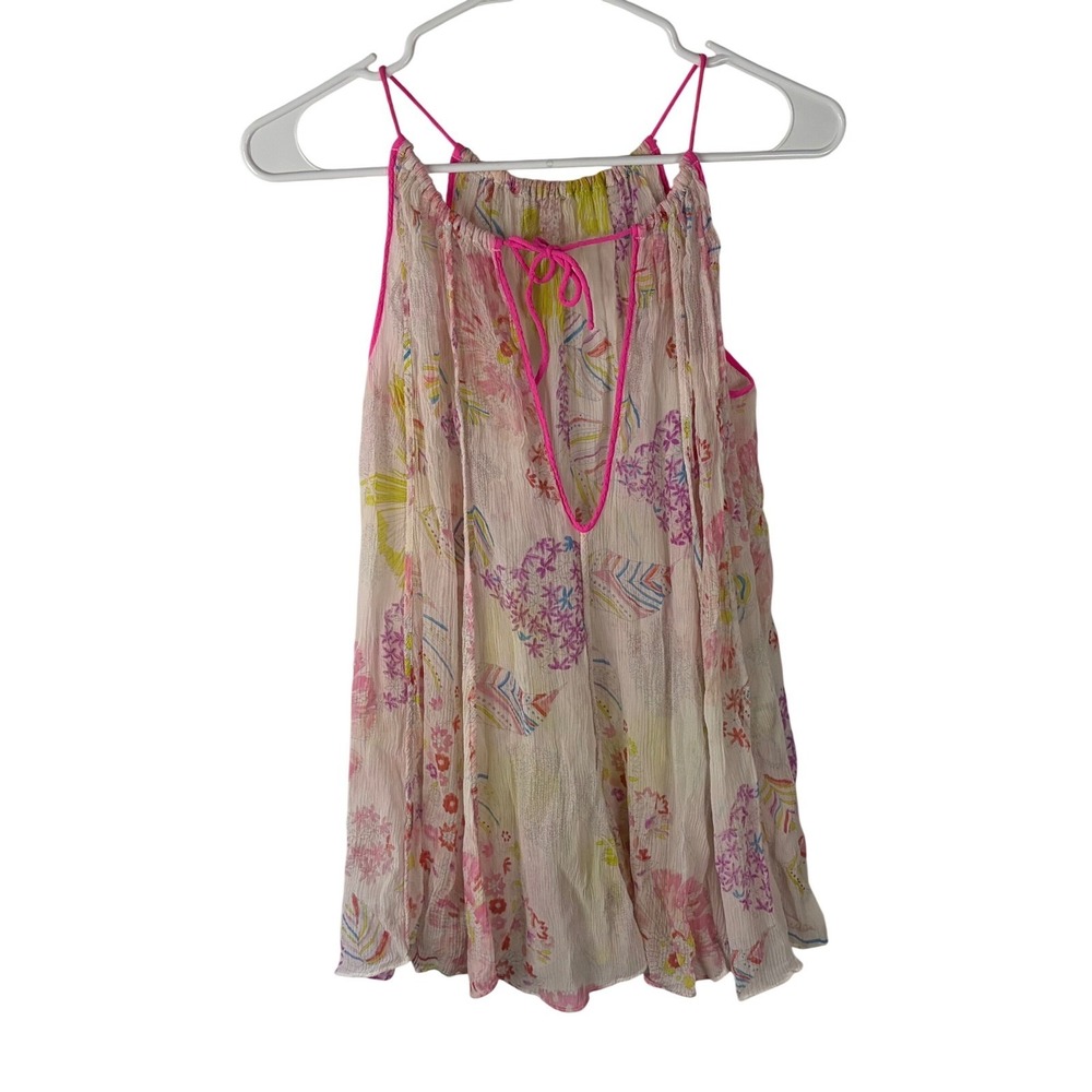 100% Silk Floral Camisole Tank Top Pink Piping Keyhole Tie Sheer Multi Color - Picture 10 of 11